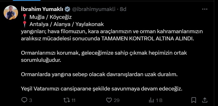 Bakan Yumaklı: "K&ouml;yceğiz yangını kontrol altına alındı"
