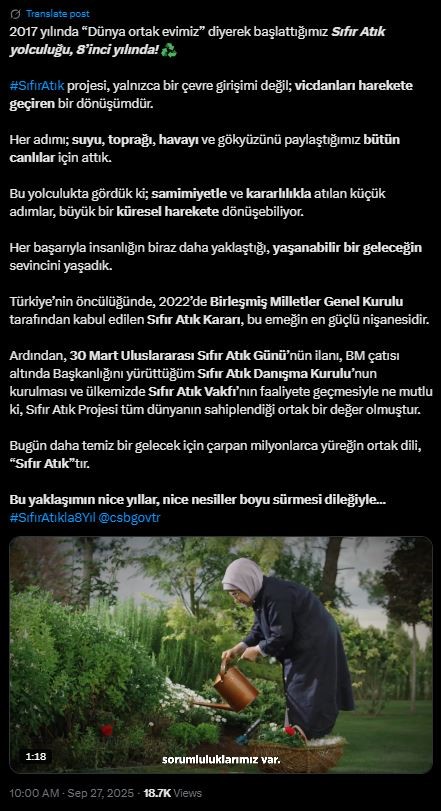 Emine Erdoğan’dan "Sıfır Atık" projesinin yıl dönümüne ilişkin paylaşım