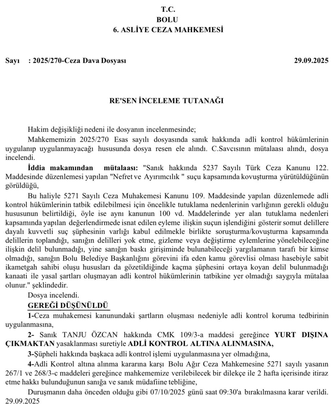 Tanju Özcan’a mahkemeden adli kontrol ve yurt dışı çıkış yasağı
