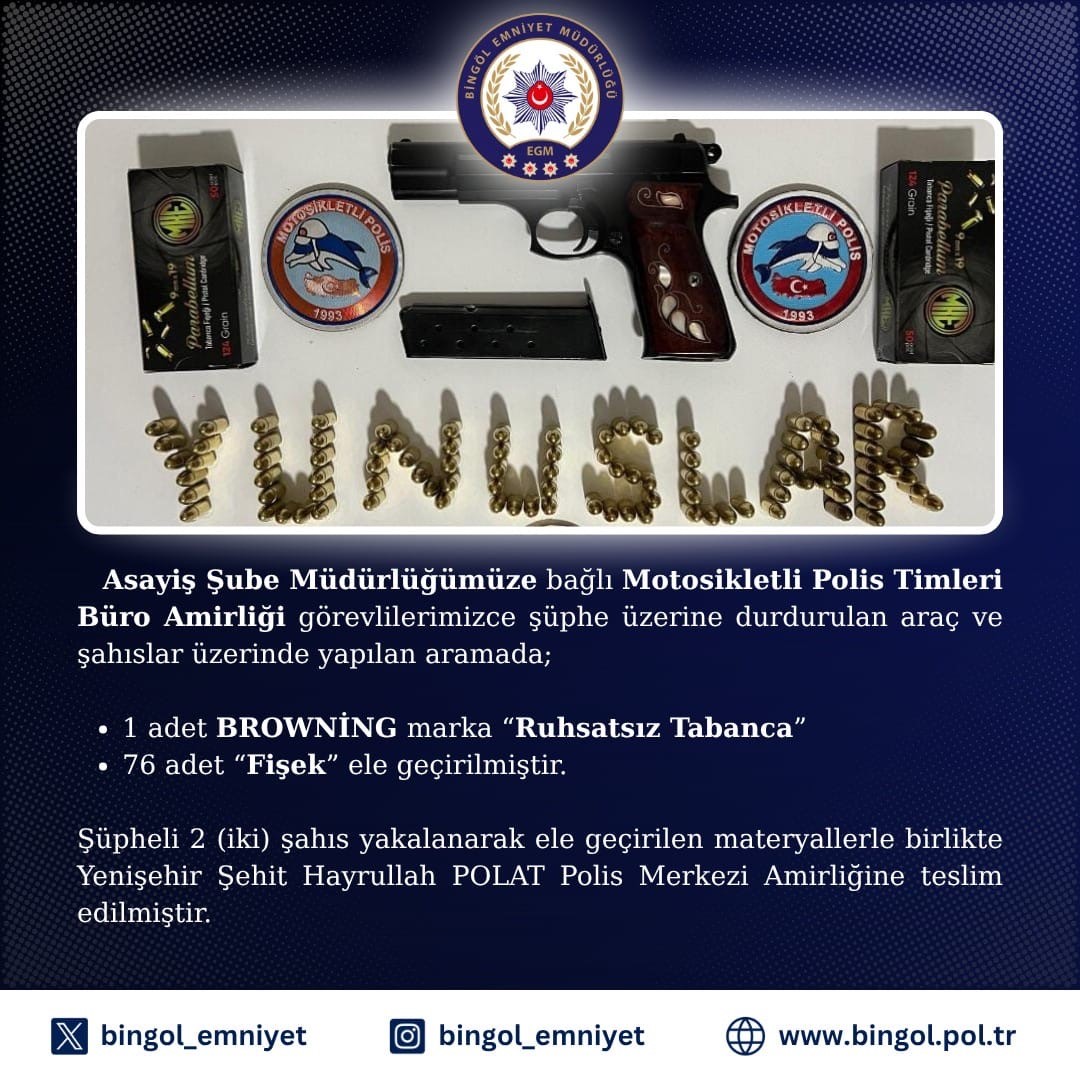 Bingöl’de ruhsatsız tabanca ele geçirildi