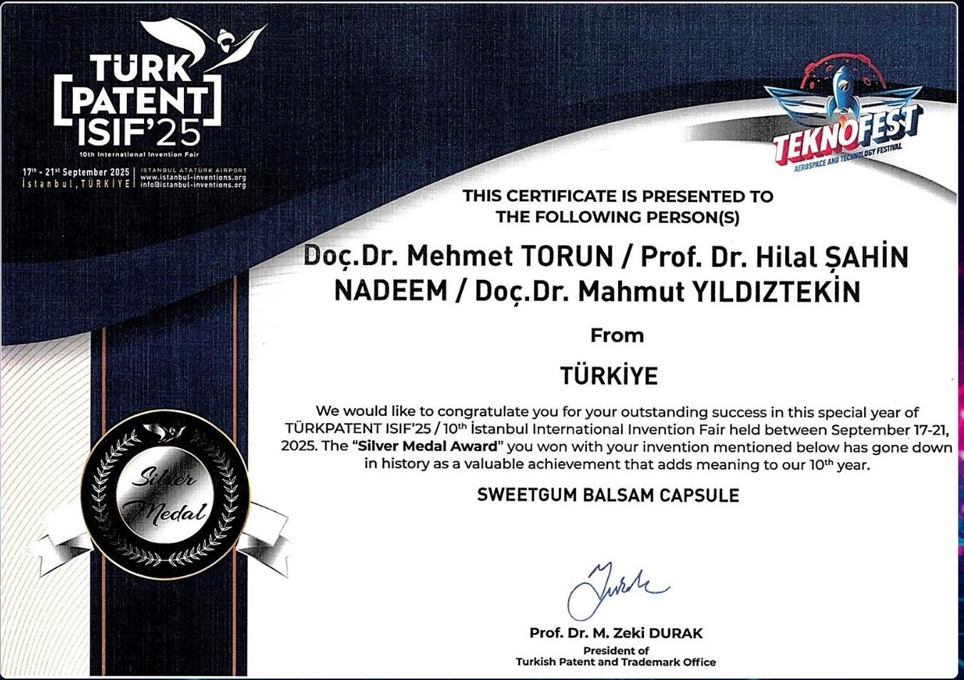 MSKÜ’lü akademisyene patent ödülü: "Sığla yağı kapsülüne gümüş madalya"