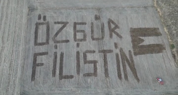 Çanakkaleli çiftçi Filistin’e destek için tarlasına ’Özgür Filistin’ yazdı