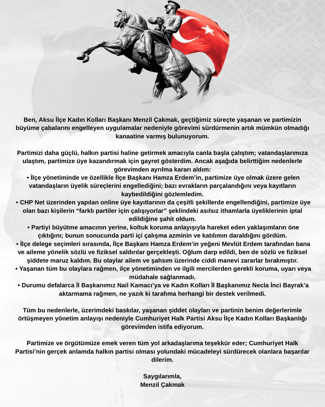 CHP Aksu Kadın Kolları Başkanı Menzil &Ccedil;akmak g&ouml;revinden istifa etti
