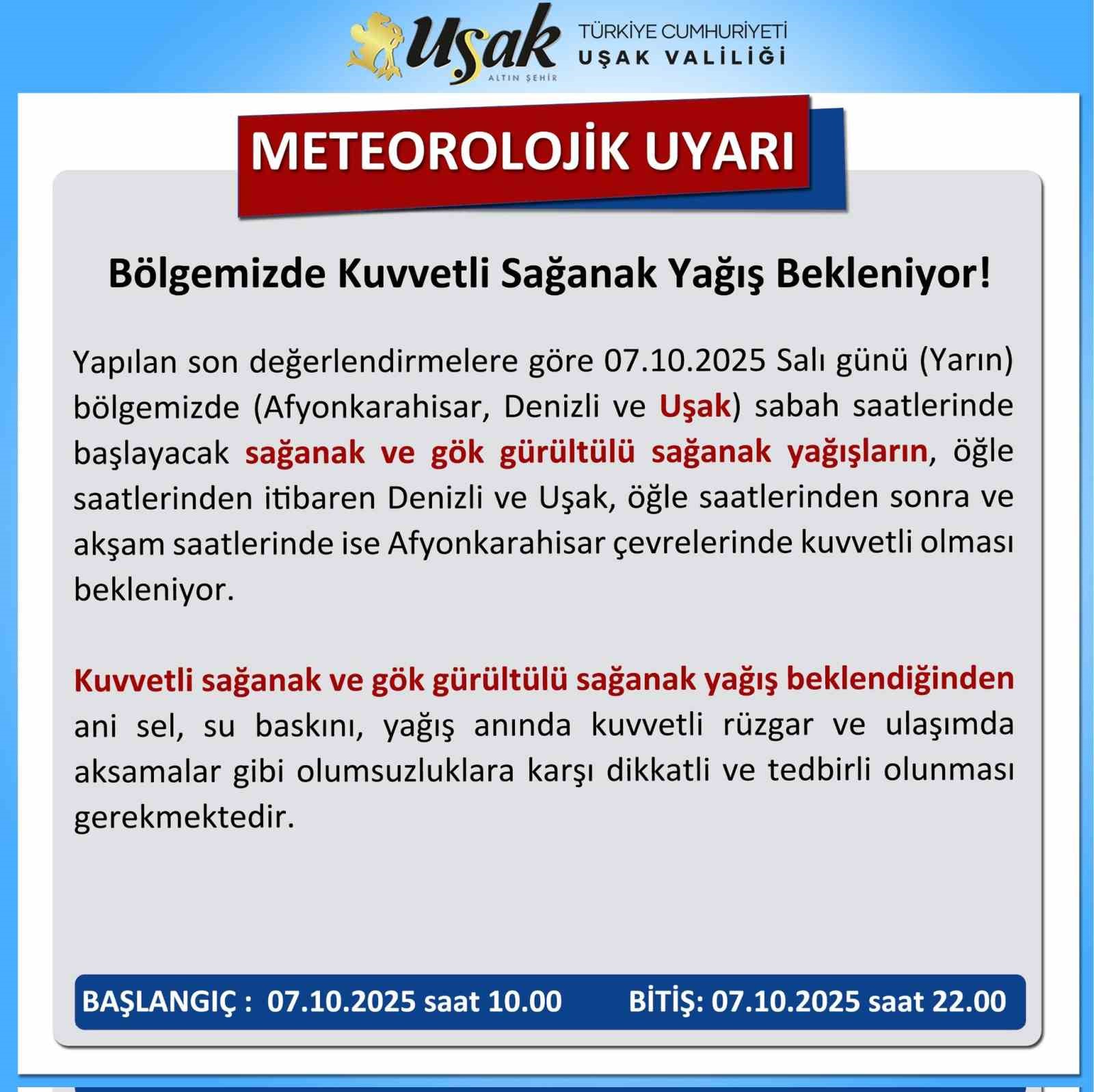 Uşak i&ccedil;in kuvvetli sağanak yağış uyarısı
