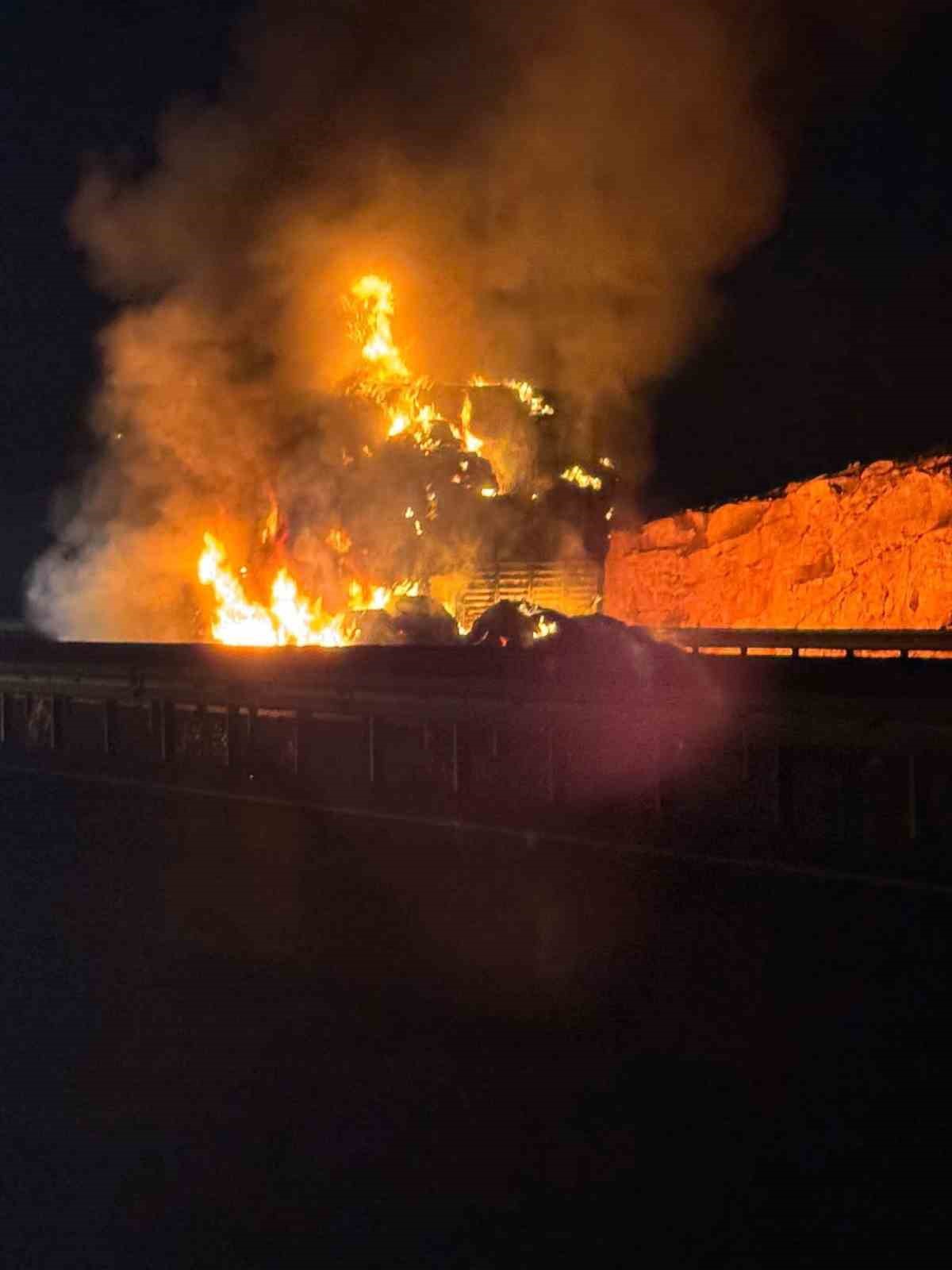 Şanlıurfa’da saman yüklü tır alev alev yandı