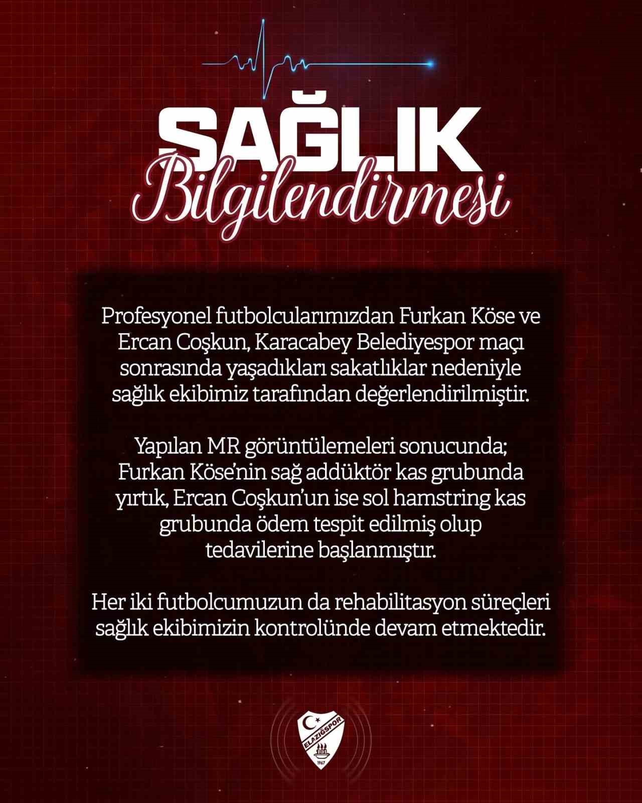 Elazığspor&rsquo;dan sakat futbolcular hakkında a&ccedil;ıklama
