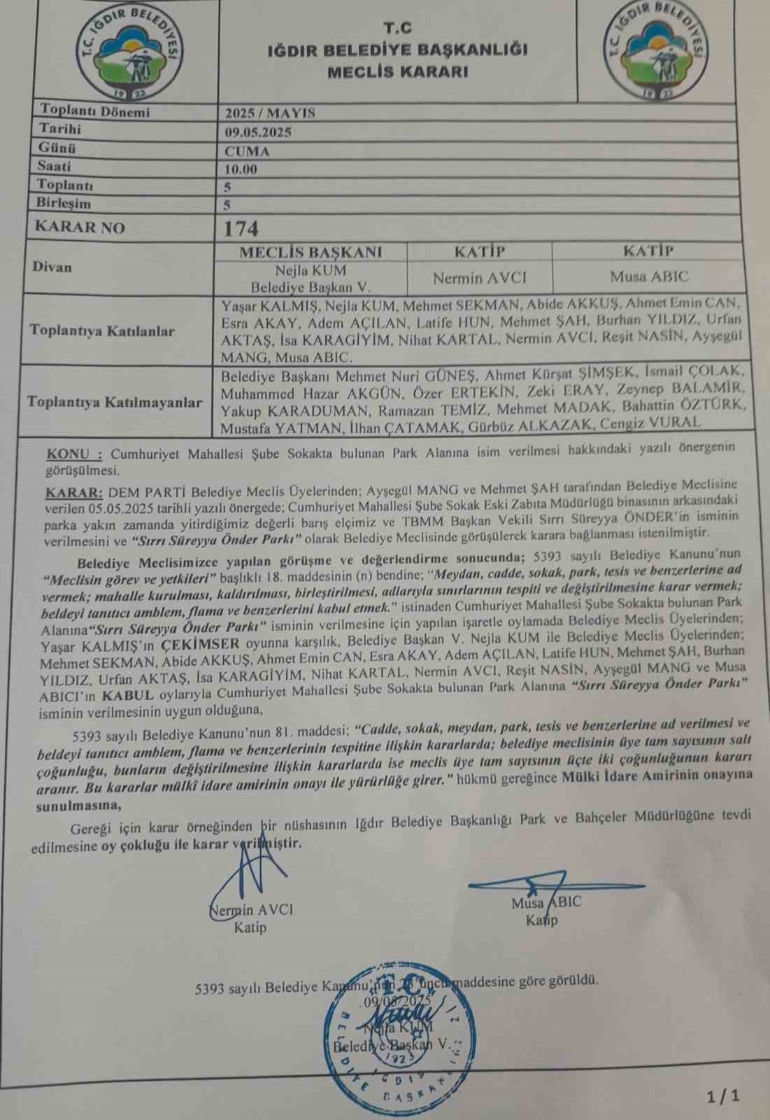 Iğdır&rsquo;da &rsquo;Sırrı S&uuml;reyya &Ouml;nder Parkı&rsquo; kararı 5 aydır onay bekliyor
