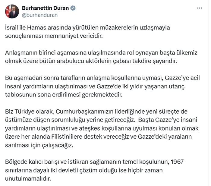 İletişim Başkanı Duran: "İsrail ile Hamas arasındaki uzlaşma memnuniyet verici"