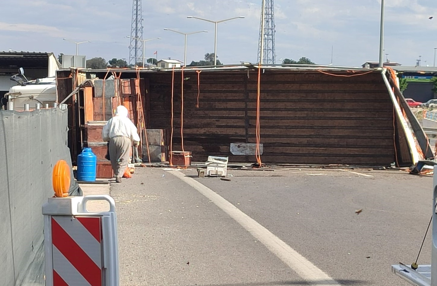 Otoyol &ccedil;ıkışında kamyon kaza yaptı, binlerce arı &ccedil;evreye yayıldı: 3 yaralı

