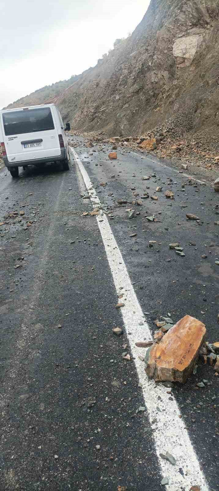 Yağış sonrası yola, taş ve kaya parçaları düştü
