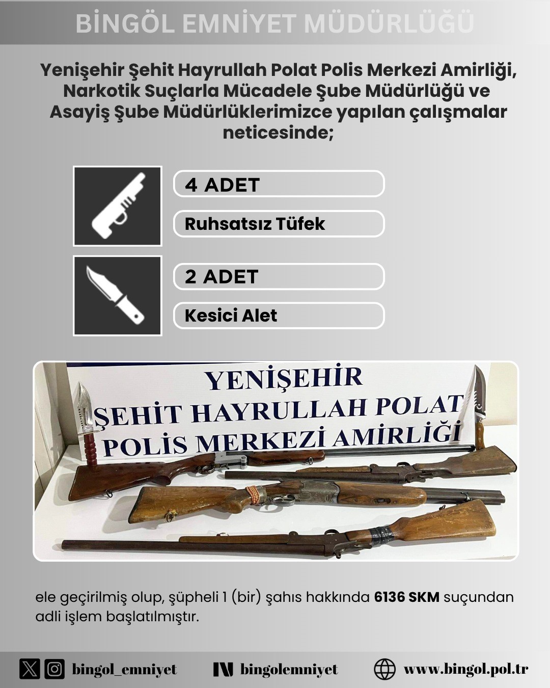 Bingöl’de ruhsatsız silah ve tüfekler ele geçirildi