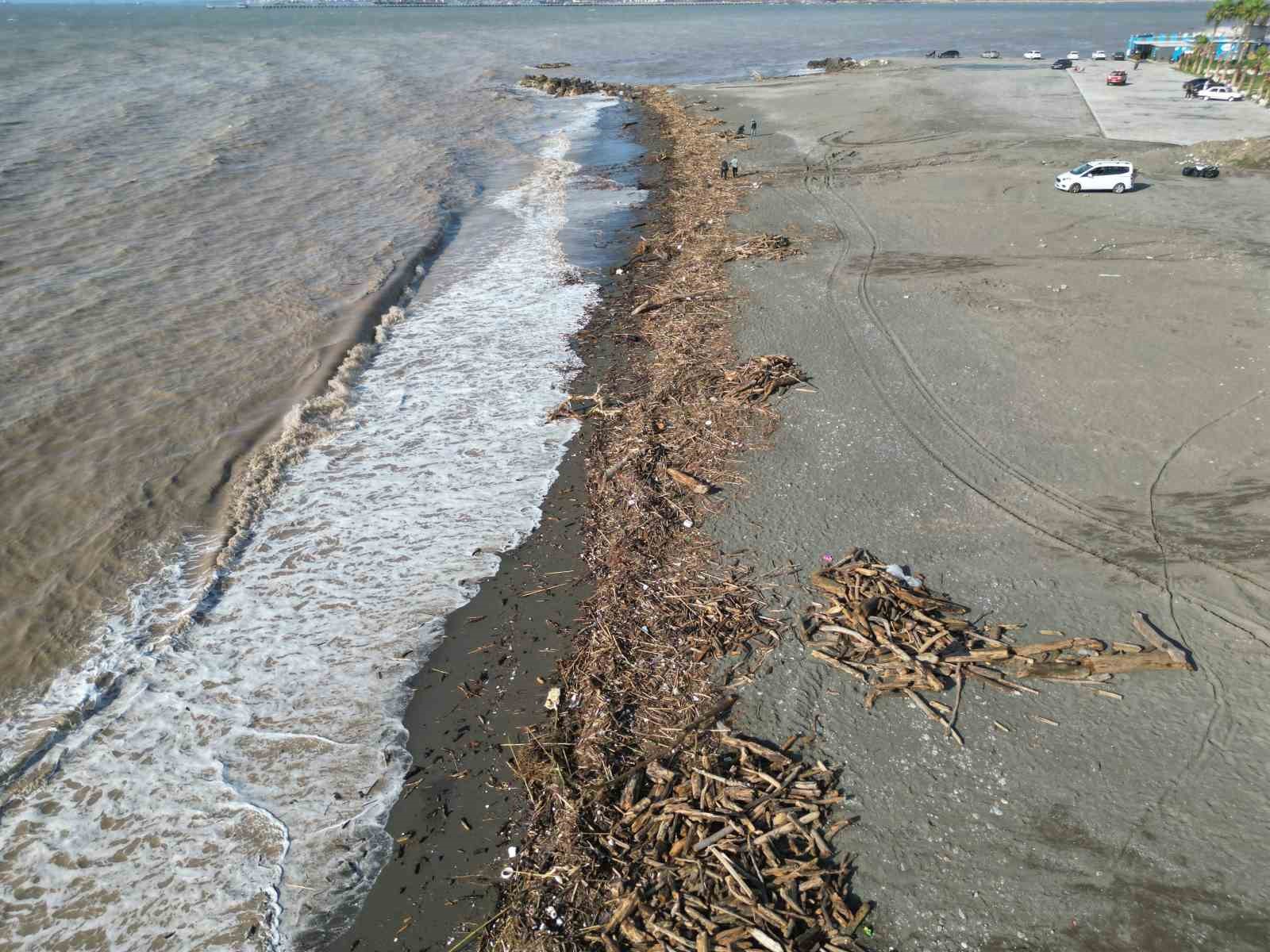 Şiddetli yağışla kahverengiye dönen Akdeniz’de kıyı kütüklerle kaplandı
