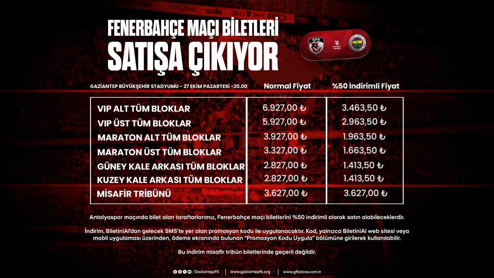 Gaziantep FK - Fenerbahçe maçı biletleri satışta çıkıyor