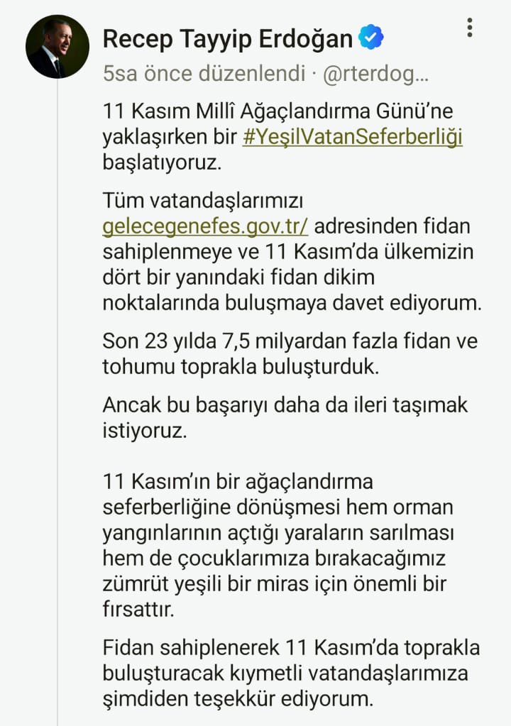 Cumhurbaşkanı Erdoğan’dan 11 Kasım Milli Ağaçlandırma Günü mesajı