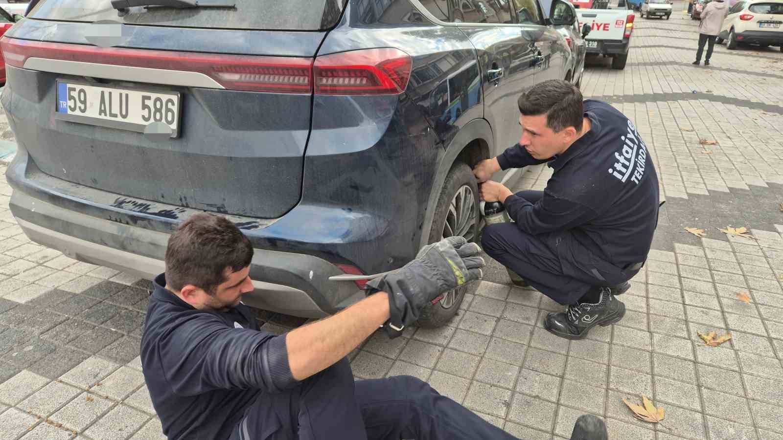 Otomobile giren kedi hava &uuml;flenerek kurtarıldı
