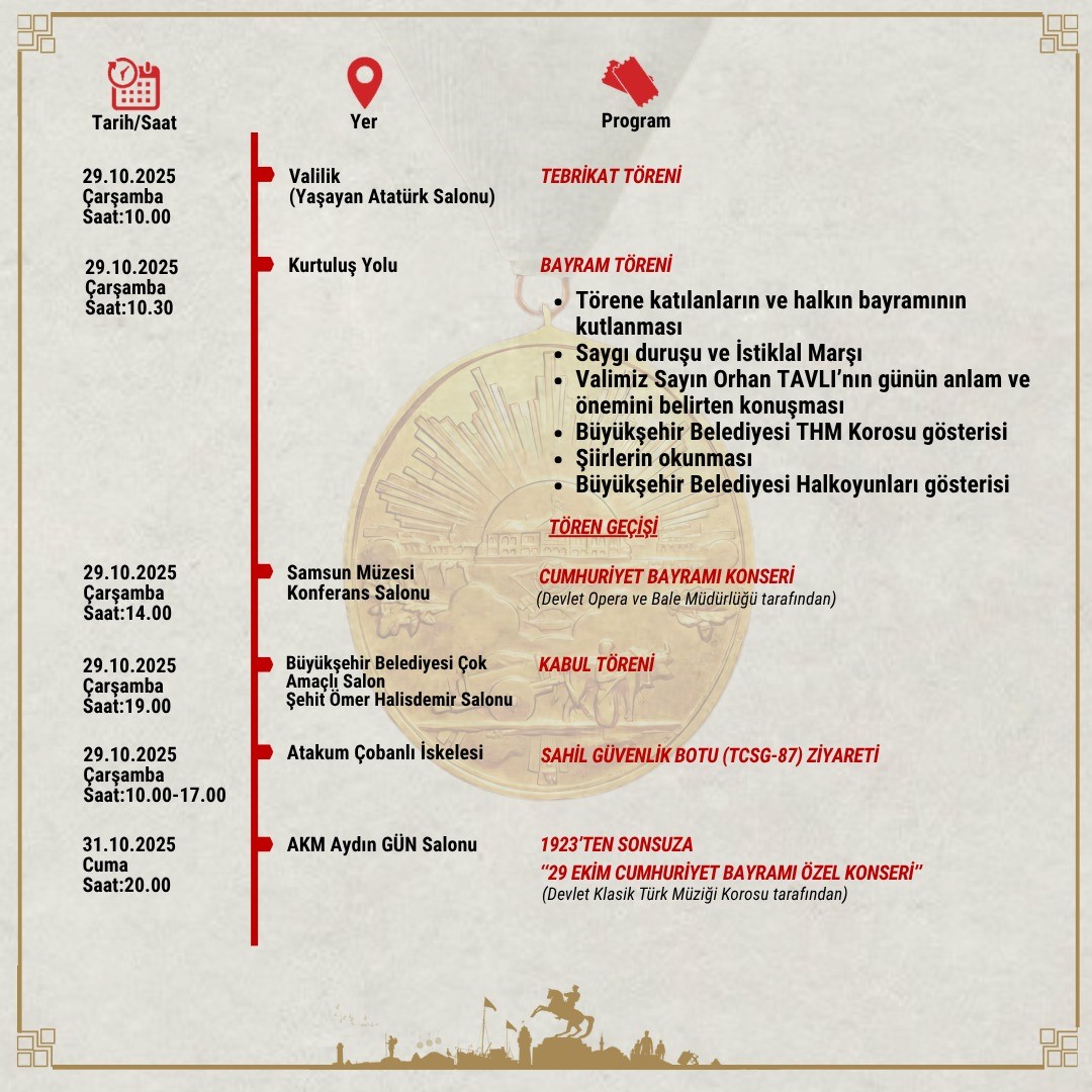 Samsun&rsquo;da 29 Ekim Cumhuriyet Bayramı programı belli oldu
