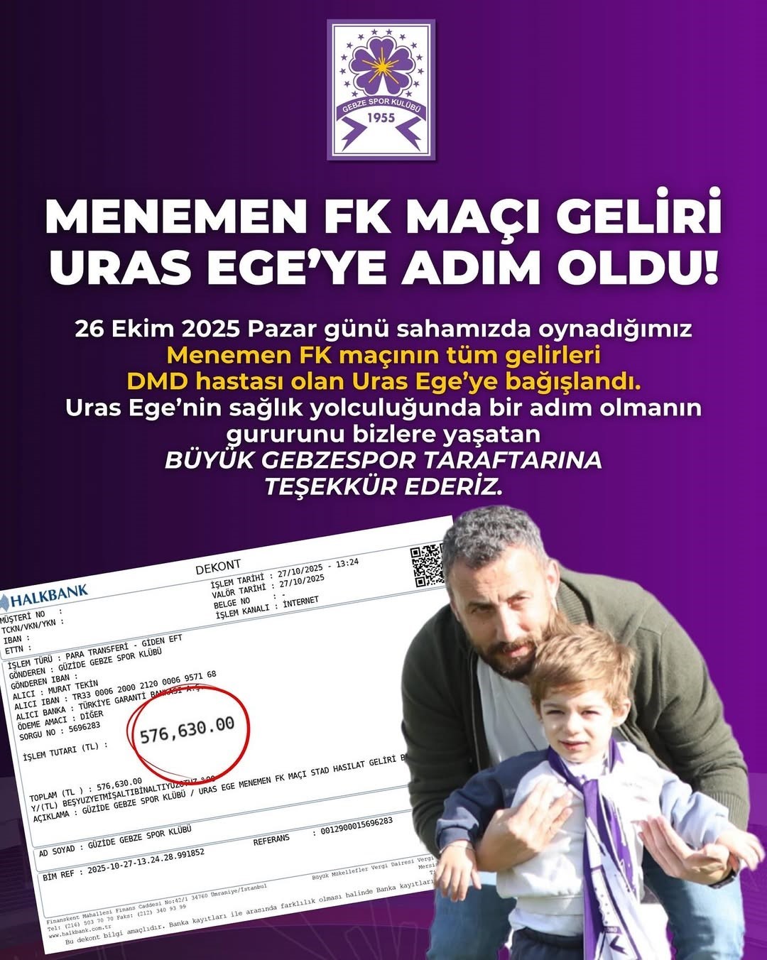 Gebzespor bilet gelirlerini DMD hastası Uras’a bağışladı