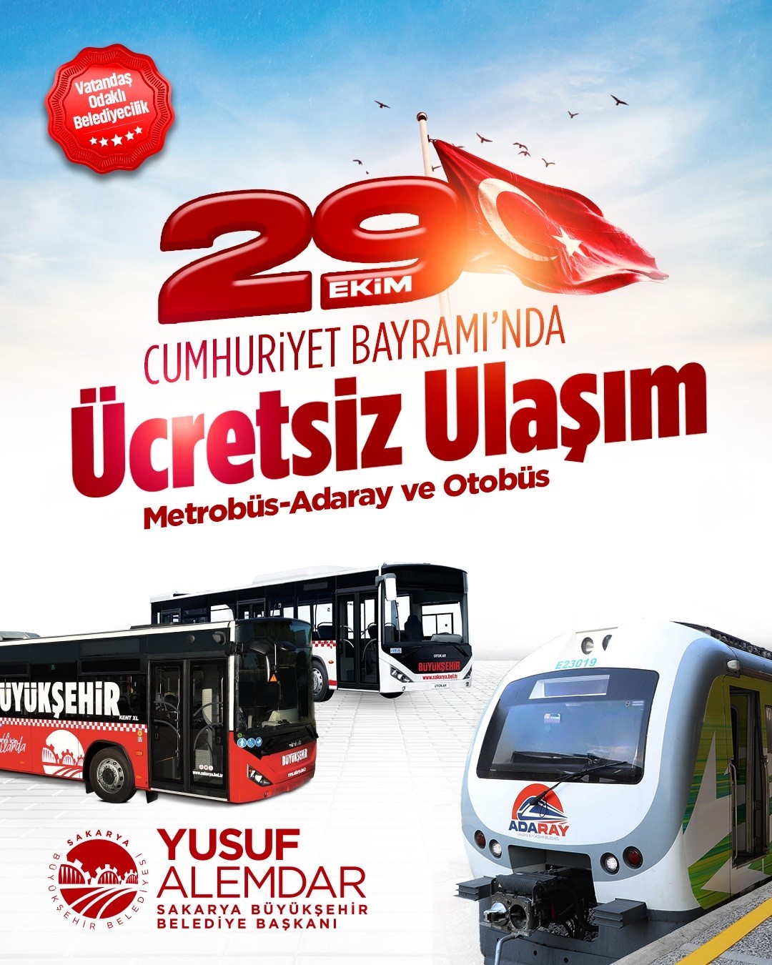 Sakarya’da 29 Ekim Cumhuriyet Bayramı’nda ulaşım ücretsiz