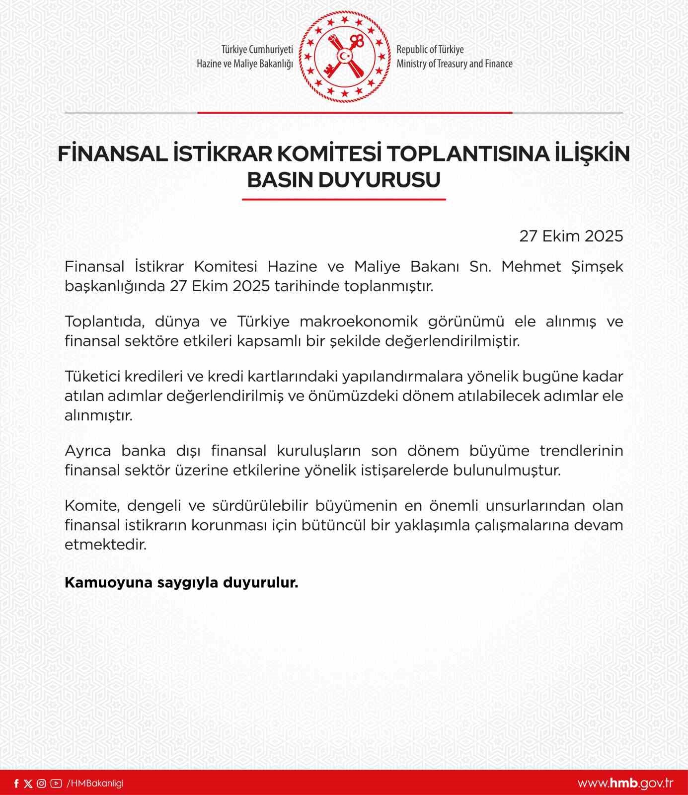 Finansal İstikrar Komitesi, Bakan Şimşek &ouml;nderliğinde toplandı
