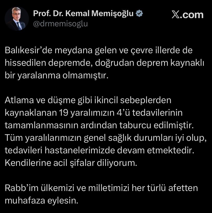 Bakan Memişoğlu: "Depremde, doğrudan deprem kaynaklı bir yaralanma olmamıştır"