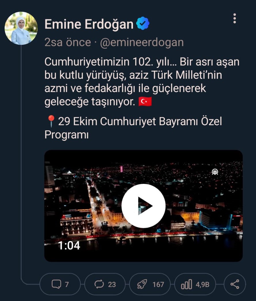 Emine Erdoğan: "Cumhuriyetimizin 102. yılı, bir asrı aşan bu kutlu yürüyüş, aziz Türk milletinin azmi ve fedakarlığı ile güçlenerek geleceğe taşınıyor"