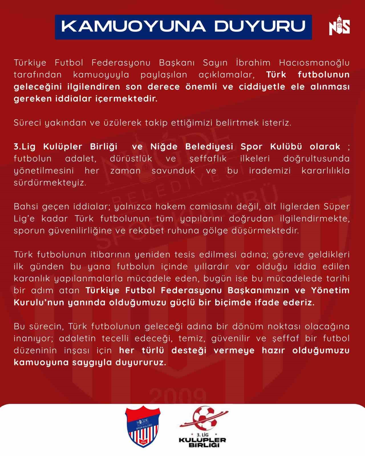 Niğde Belediyespor’dan TFF’ye destek