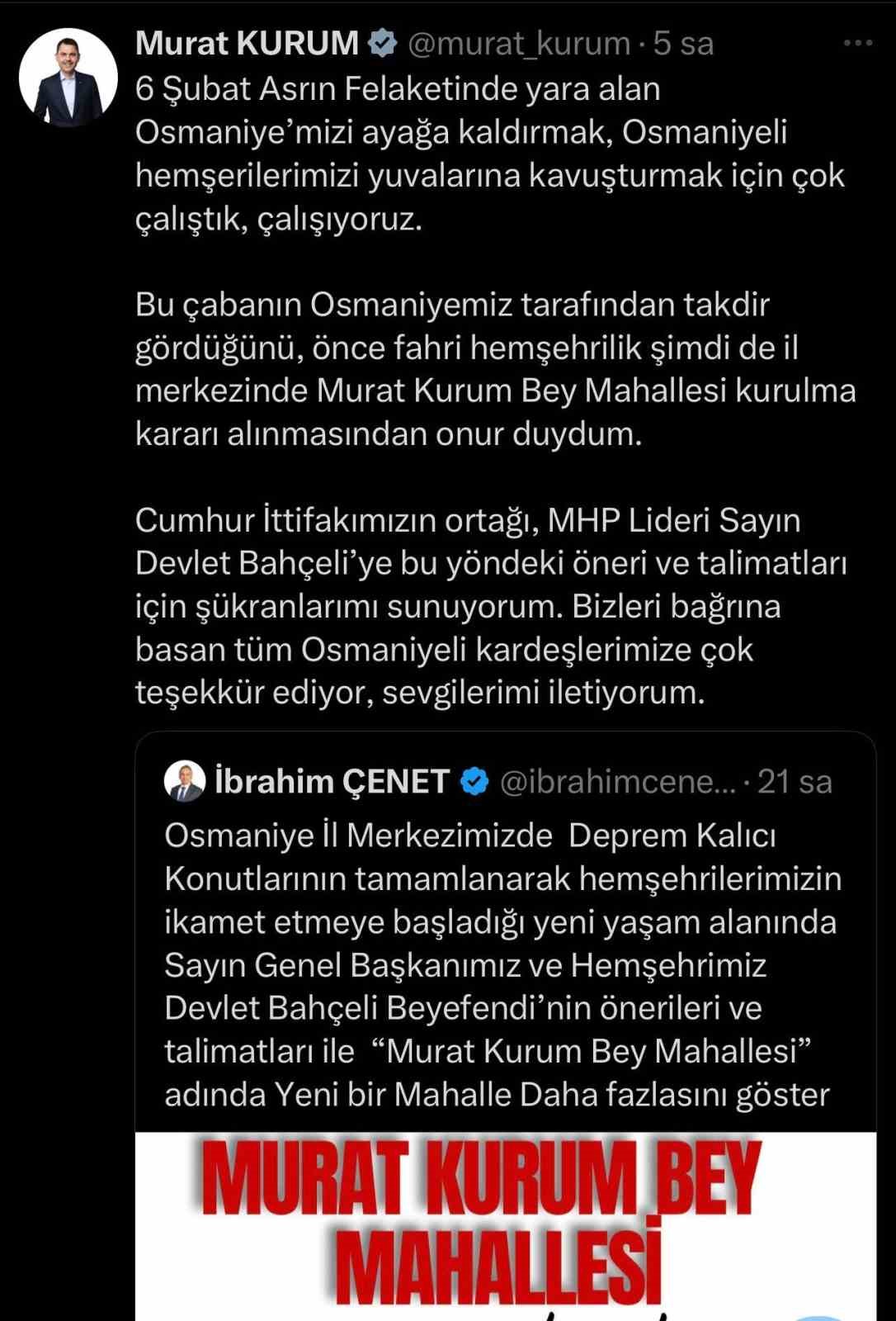 Bahçeli’den Osmaniye’de yeni kurulacak mahalleye Murat Kurum’un adının verilmesi talebi