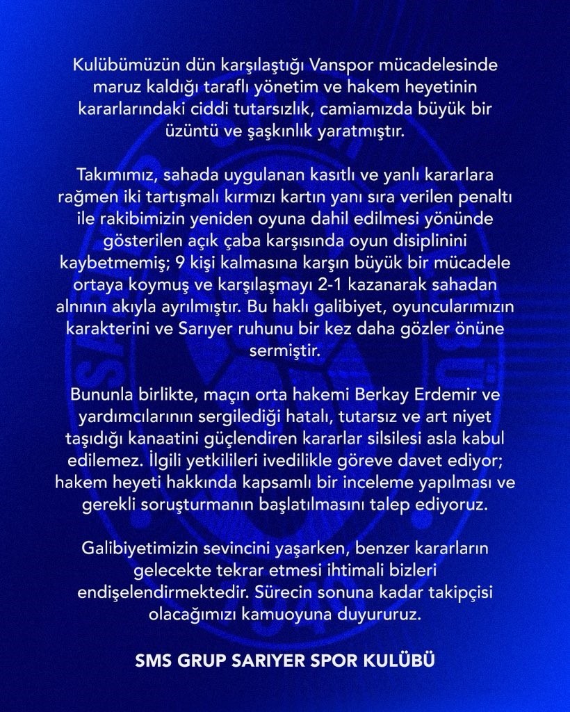 Sarıyer’den, Vanspor FK maçının hakem heyeti hakkında soruşturma talebi
