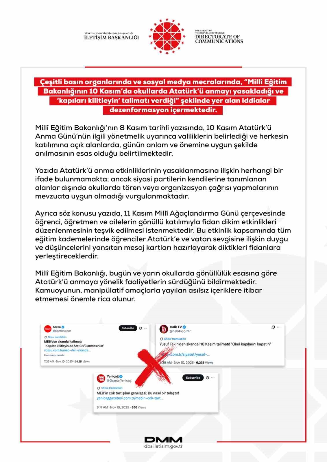 Dezenformasyonla Mücadele Merkezi’nden Atatürk’ü anmayı yasaklama iddialarına ilişkin açıklama