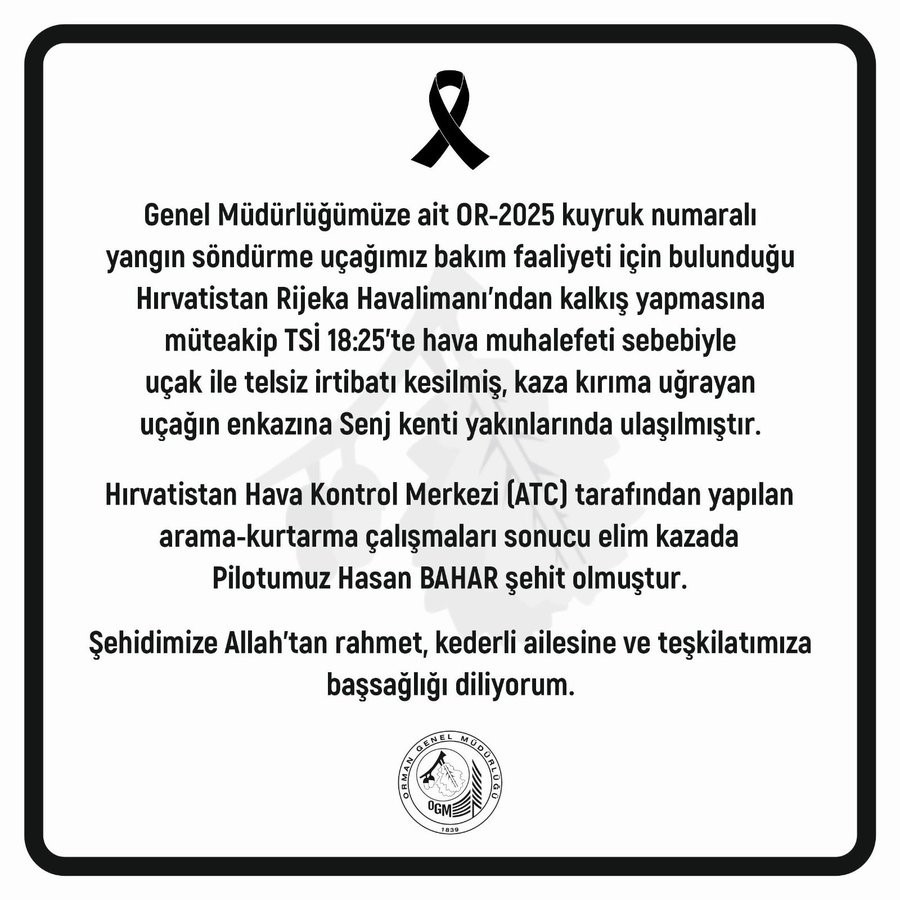 Orman Genel Müdürü Karacabey’den şehit pilot için başsağlığı mesajı