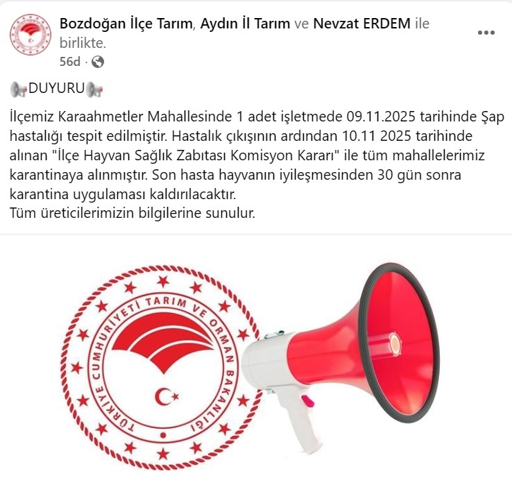 Bozdoğan’da şap hastalığı tespit edildi