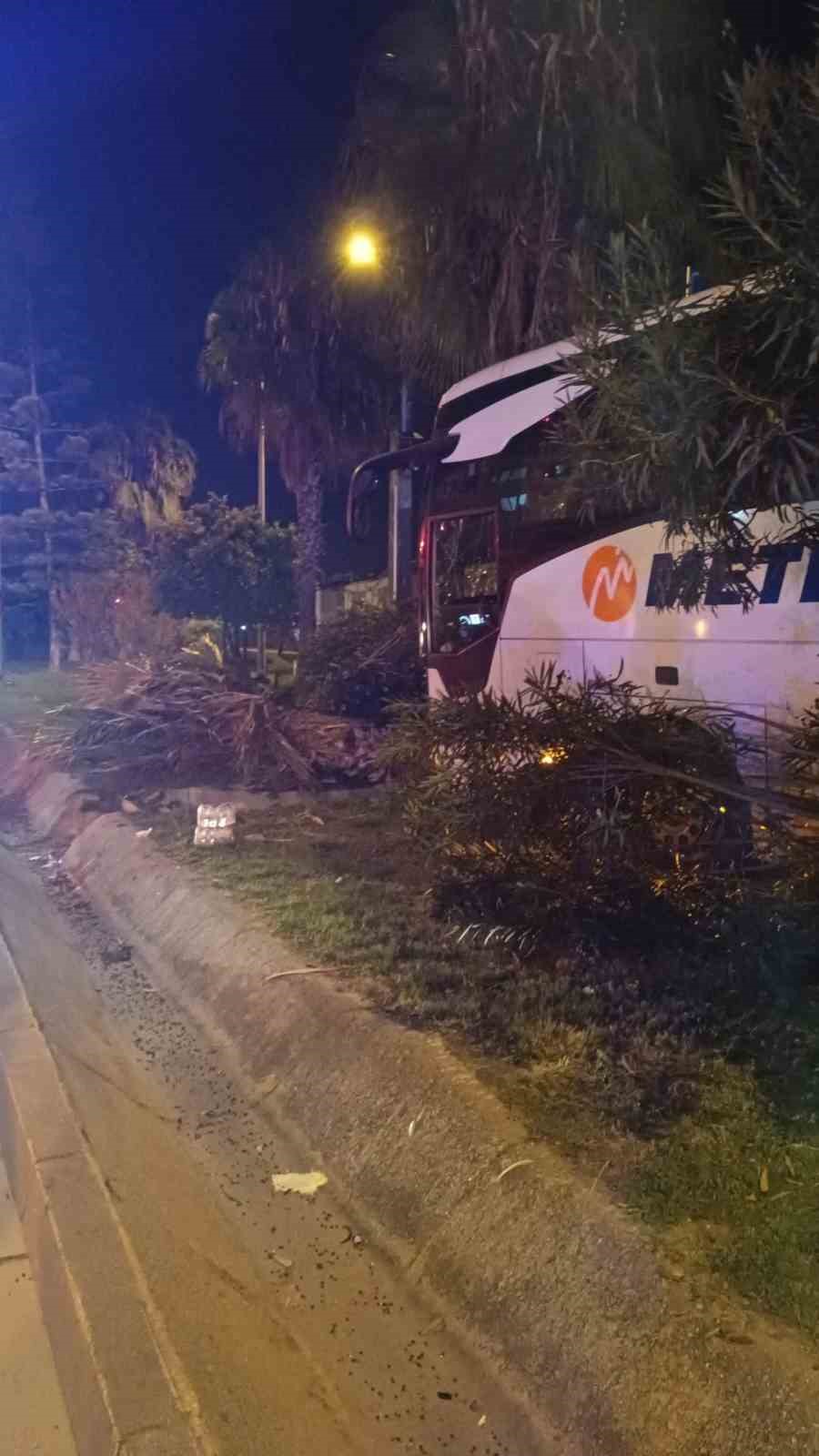 Antalya’da yolcu otobüsü refüjdeki ağaç ve aydınlatma direğine çarptı: 3 yaralı