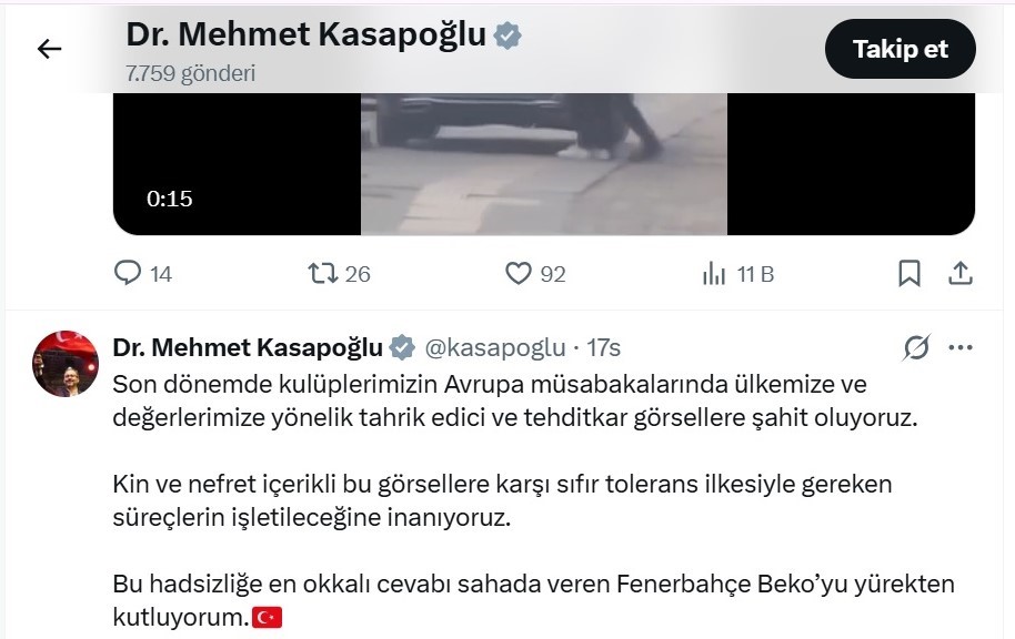 Sırp taraftarların ırkçı pankartına Kasapoğlu’ndan sert tepki
