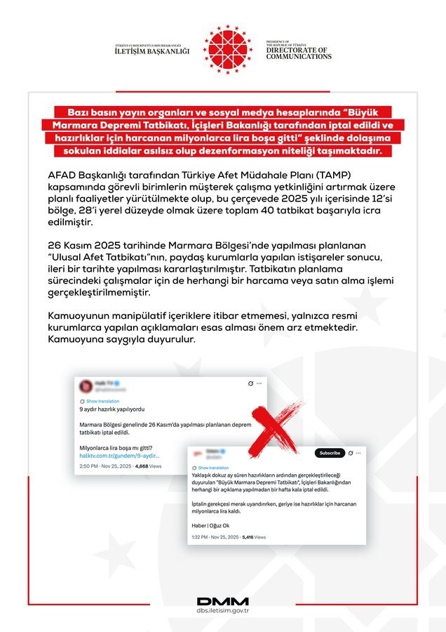 Dezenformasyonla Mücadele Merkezi’nden ‘Büyük Marmara Depremi Tatbikatı İçişleri Bakanlığı tarafından iptal edildi’ iddialarına yalanlama