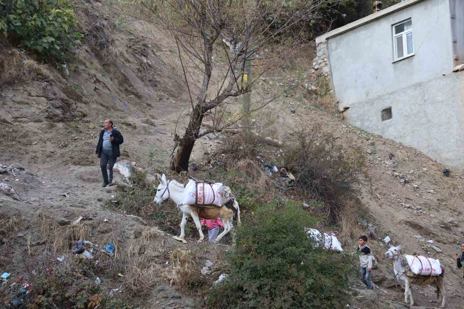 Diyarbakır&rsquo;ın kırsal mahallesinde y&uuml;kler eşeklerle evlere g&ouml;t&uuml;r&uuml;l&uuml;yor
