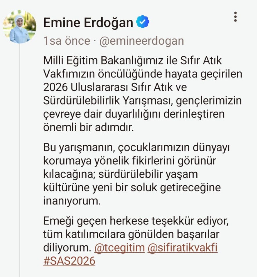 Emine Erdoğan’dan "2026 Uluslararası Sıfır Atık ve Sürdürülebilirlik Yarışması"na ilişkin paylaşım