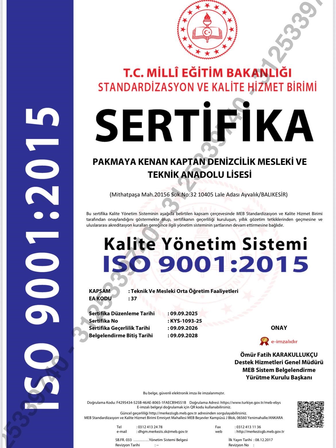 Ayvalık’ta denizcilik lisesine ISO 9001 kalite belgesi