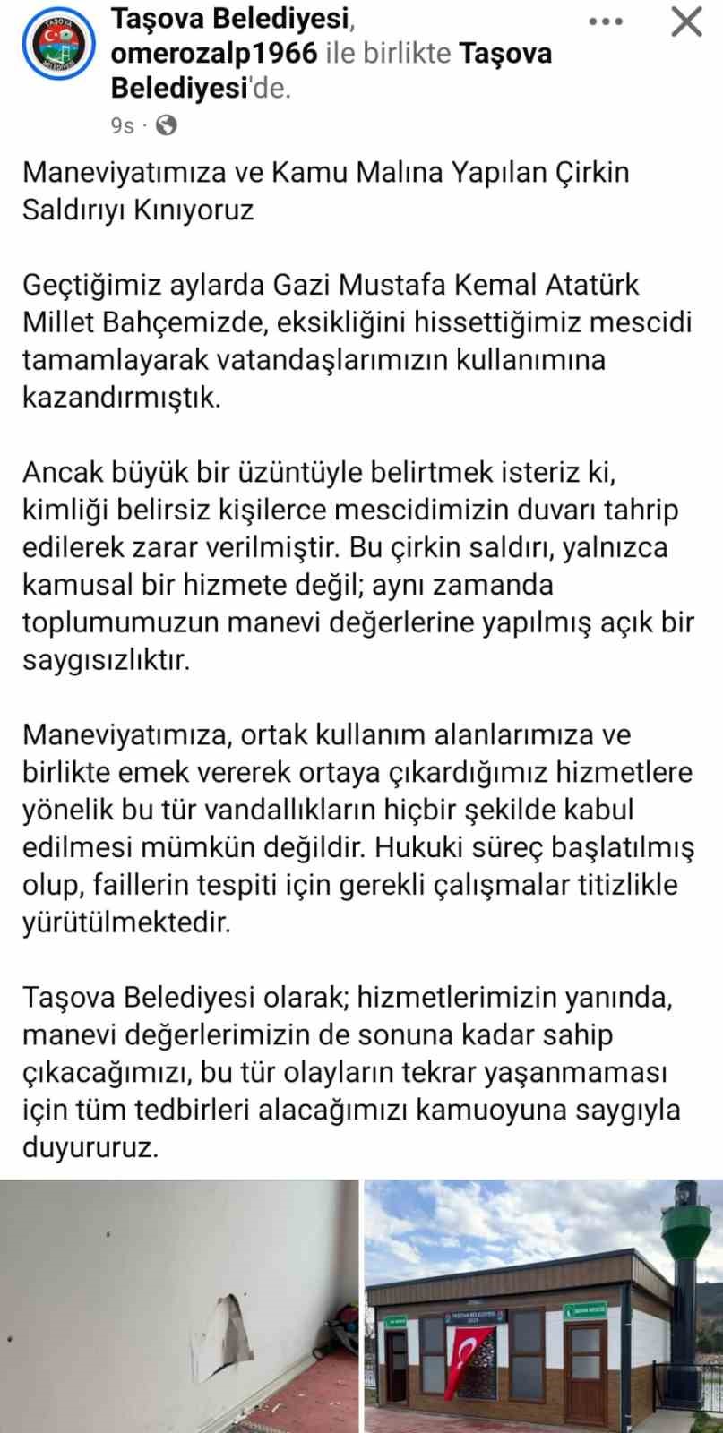 Taşova’da millet bahçesinde mescit duvarı tahrip edildi