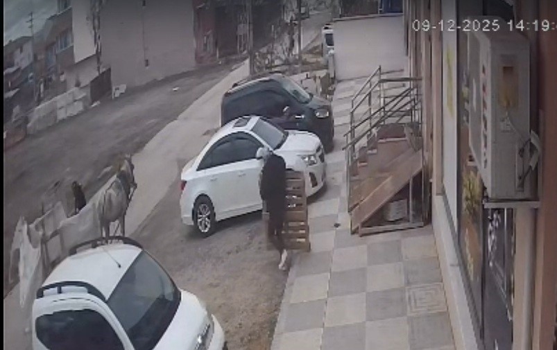 Bina önünden malzemeleri izinsiz alan şahıslar kameraya yakalandı