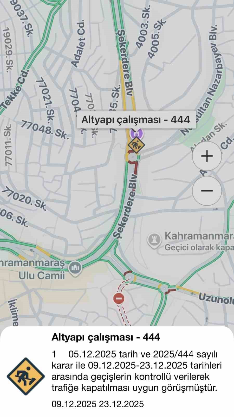 Kahramanmaraş’ta çalışma yapılan yollar "KMBB Cep Trafik" mobil uygulamasında