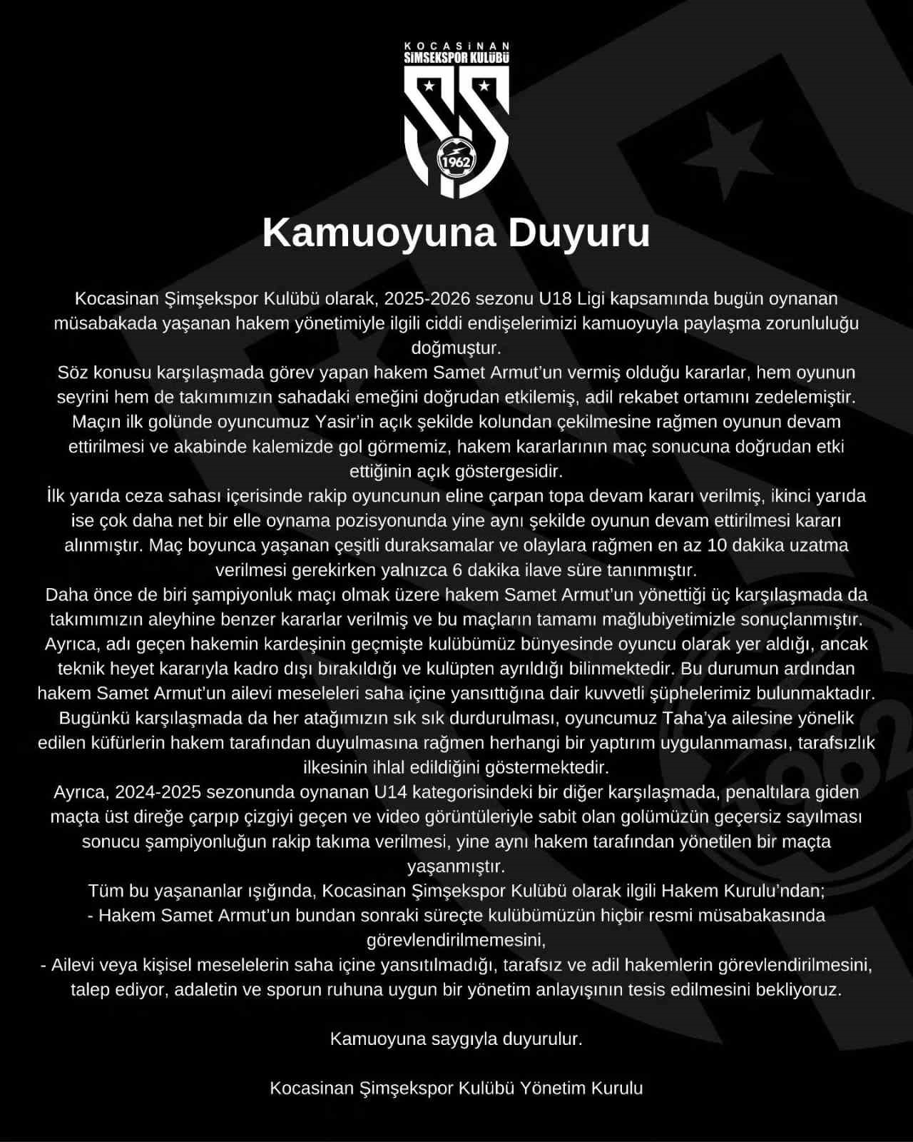 Kocasinan Şimşekspor’dan sert açıklama: "Bu hakemi maçlarımıza istemiyoruz"