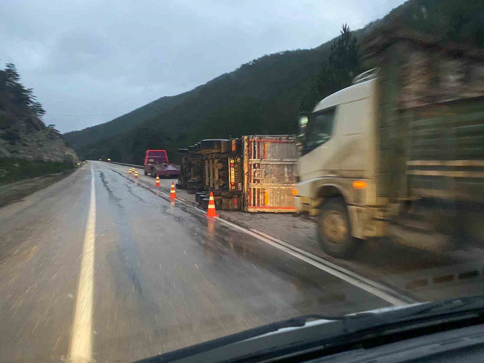 Bolu’da odun yüklü tır devrildi