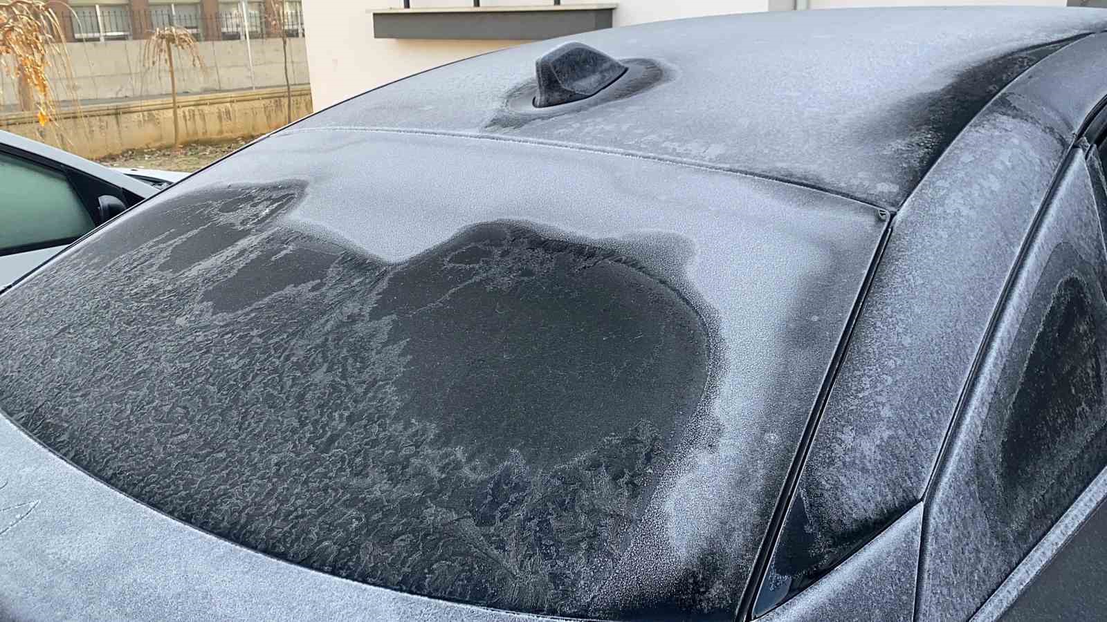 Soğuk hava sebebiyle çimler ve otomobil camları buz tuttu