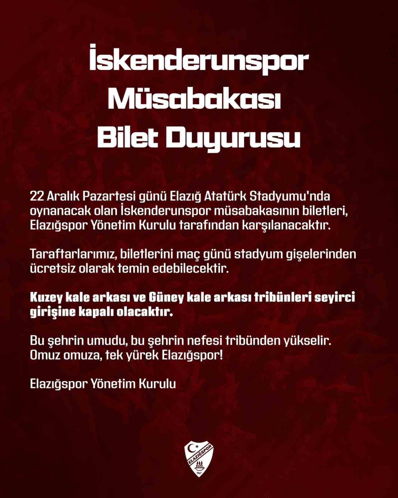 Elazığspor yönetimi, İskenderunspor maçının biletlerini ücretsiz dağıtacak