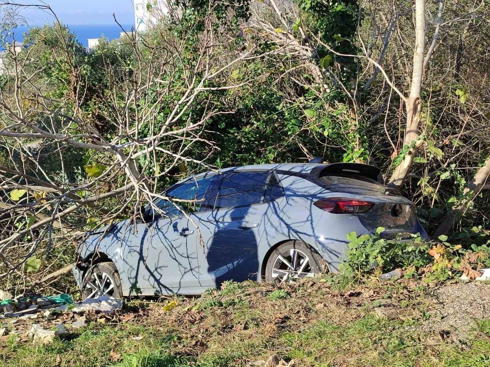 Sinop’ta kontrolden çıkan otomobil ağaçlık alana devrildi
