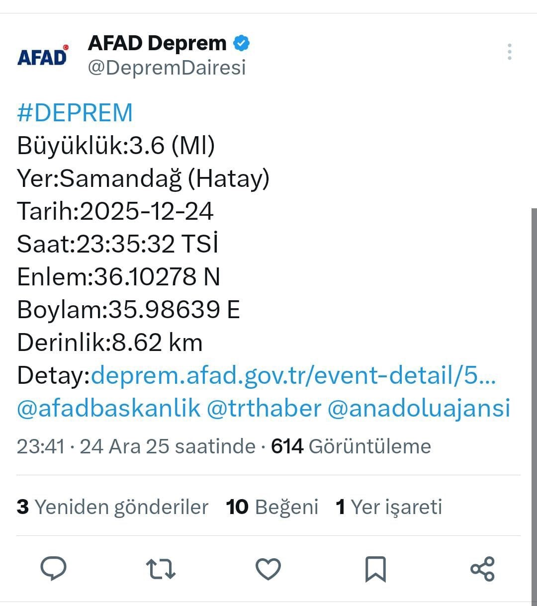 Hatay&rsquo;da 3,6 b&uuml;y&uuml;kl&uuml;ğ&uuml;nde deprem
