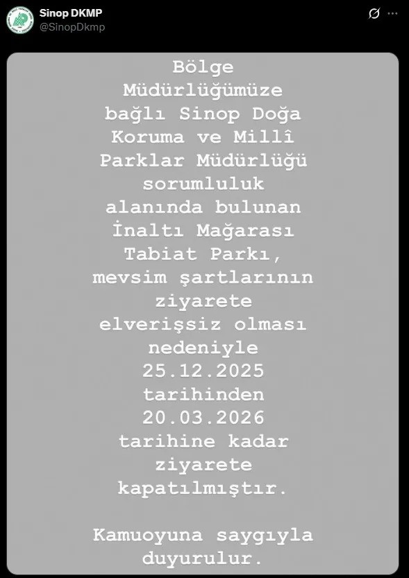 Sinop Ayancık İnaltı Mağarası&rsquo;nda ziyaretlere kış molası
