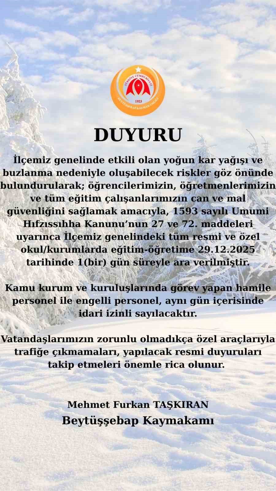 Beyt&uuml;şşebap&rsquo;ta eğitime kar engeli
