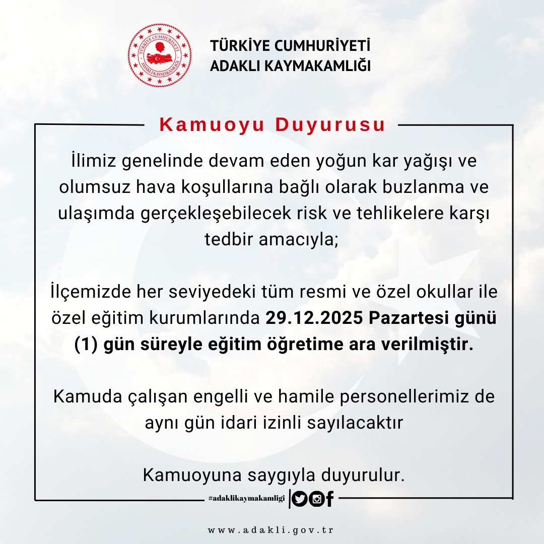 Bingöl’ün 2 ilçesinde eğitime 1 gün ara verildi