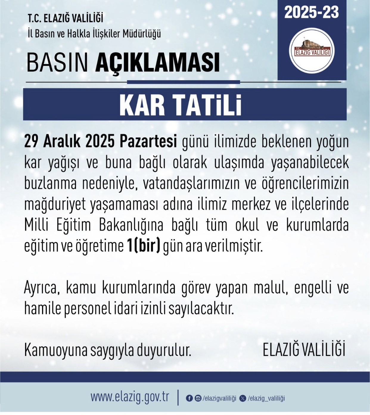 Elazığ’da eğitim-öğretime 1 gün ara verildi